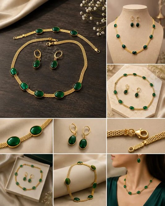 Oval Green Crystal Pendant Necklace Set